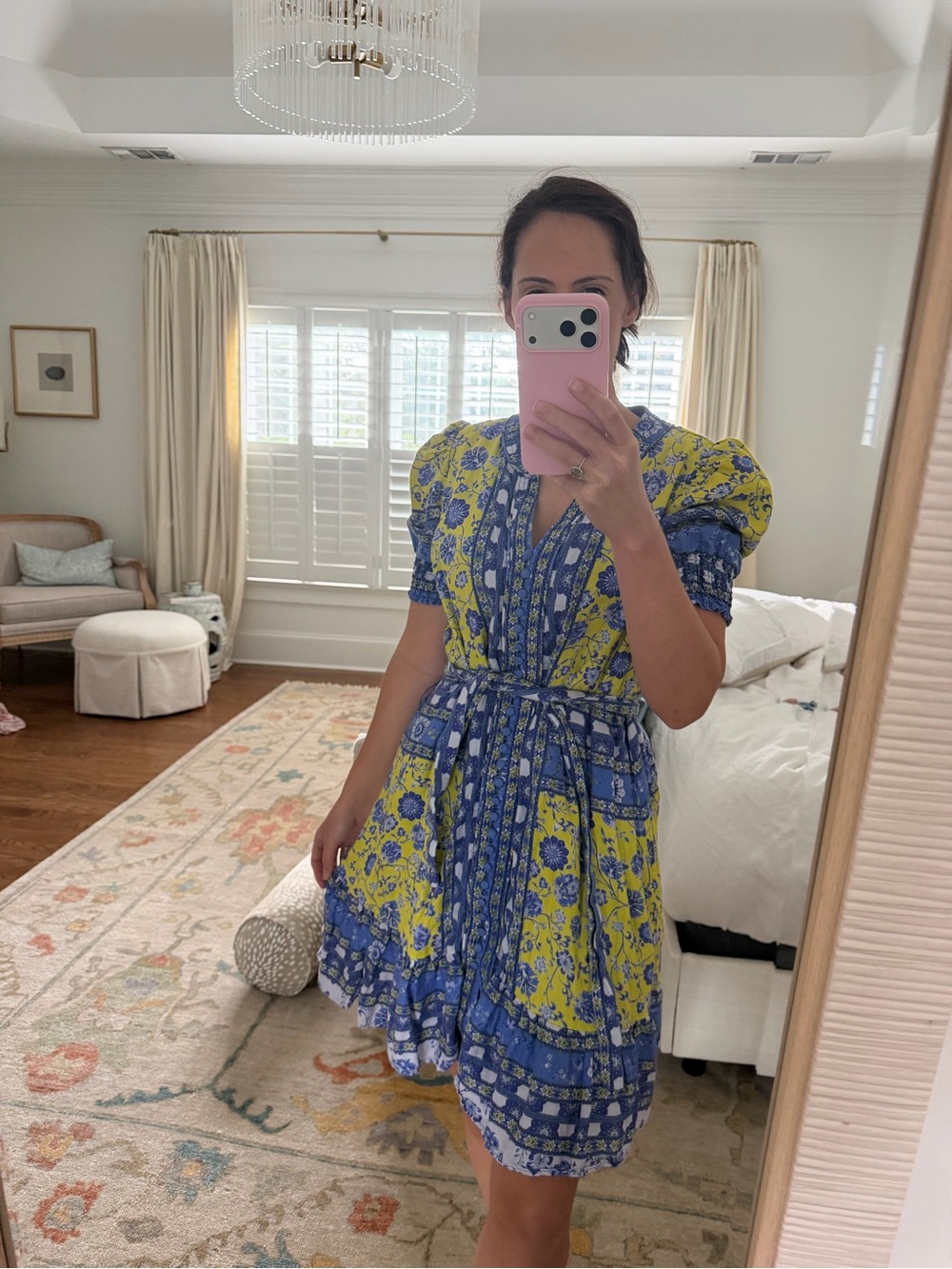 Elie Tahari Blue and Yellow Floral Puff-Sleeve Mini Dress